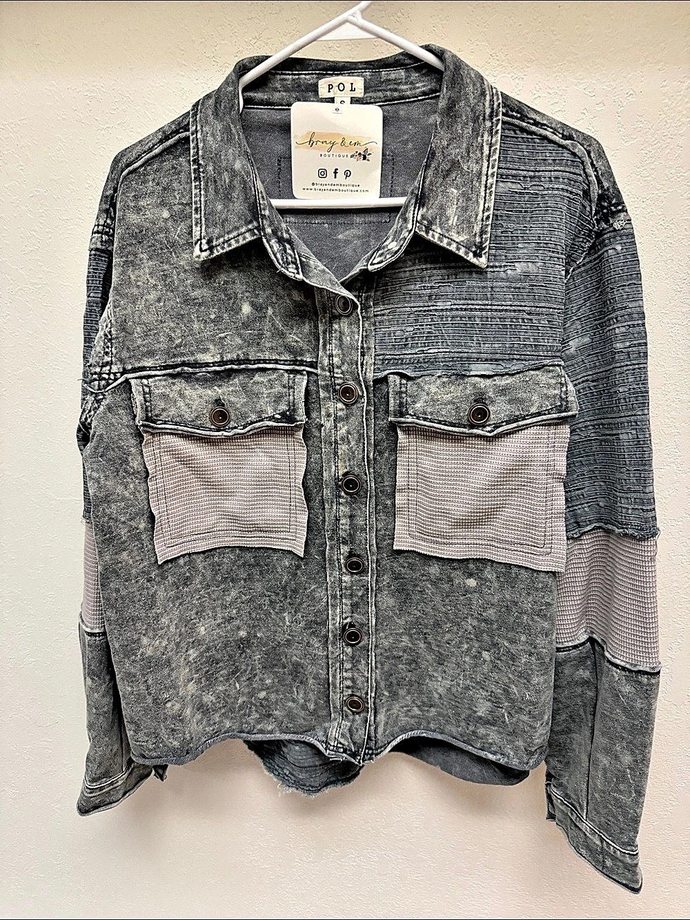 POL Women's Gray Patchwork Jean Jacket